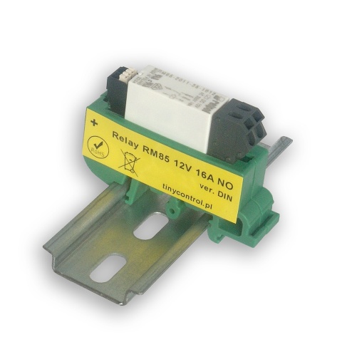 Relay board with RM85 relay 16 A, 12 V coil, with DIN rail mount